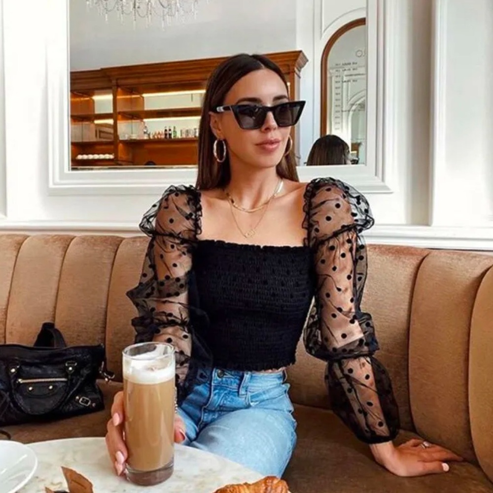Black with Sheer Polka Dot Sleeves